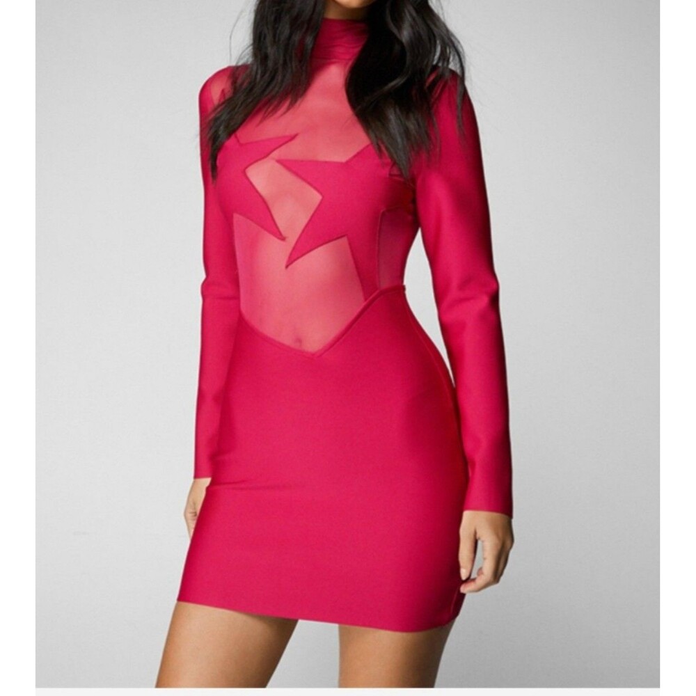 Nasty Gal Hot Pink Long-Sleeve
Sheer Star Mini Dress